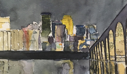 Watercolor of Minneapolis skyline.