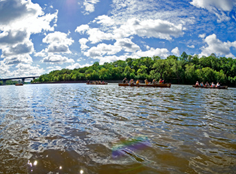 A lake with many people canoeing reflects a blue sky with white clouds and trees in the background