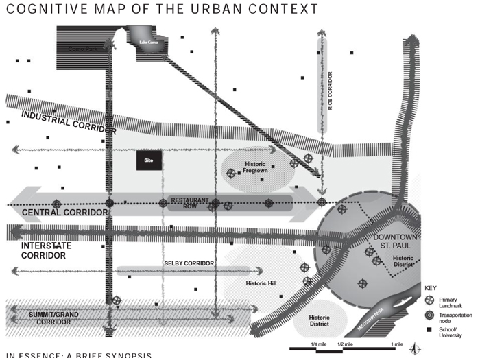 Simple graphic map with labels and key of Frogtown in St. Paul, MN
