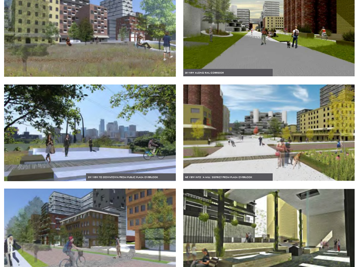 Six panels of graphic mockups for the St. Anthony Main area in Minneapolis, MN
