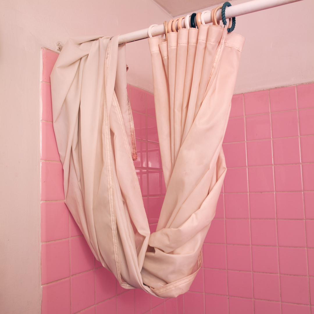 When Places Speak exhibition image of shower curtain wrapped around rod