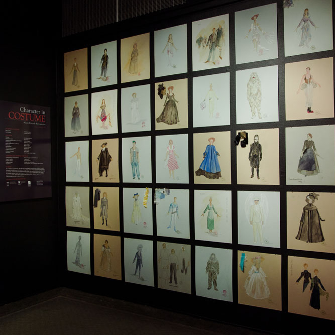 Character and Costume: A Jack Edwards Retrospective exhibition featuring images of multiple costume design sketches