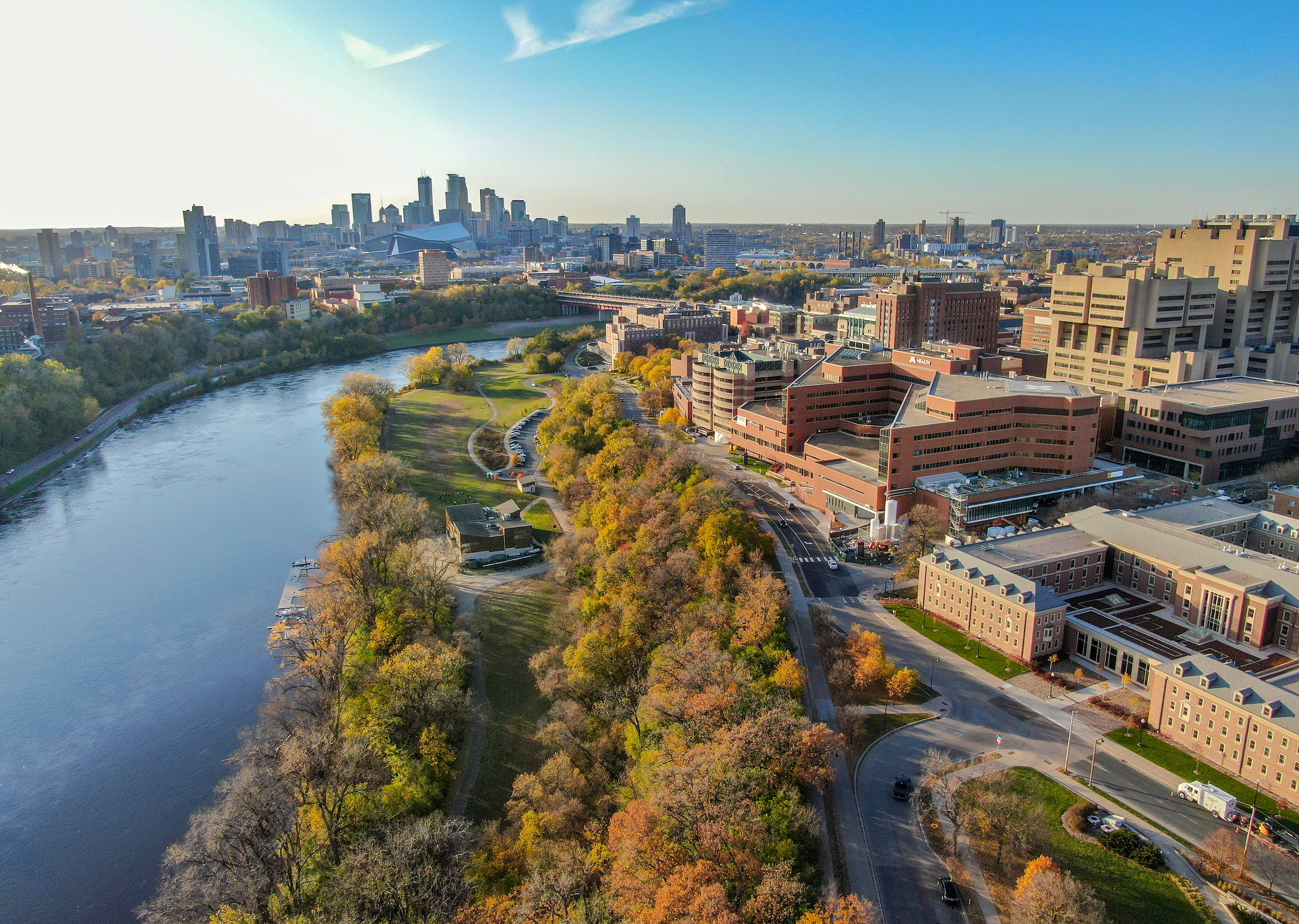 Campus with the Minneapolis skyline in the background and river