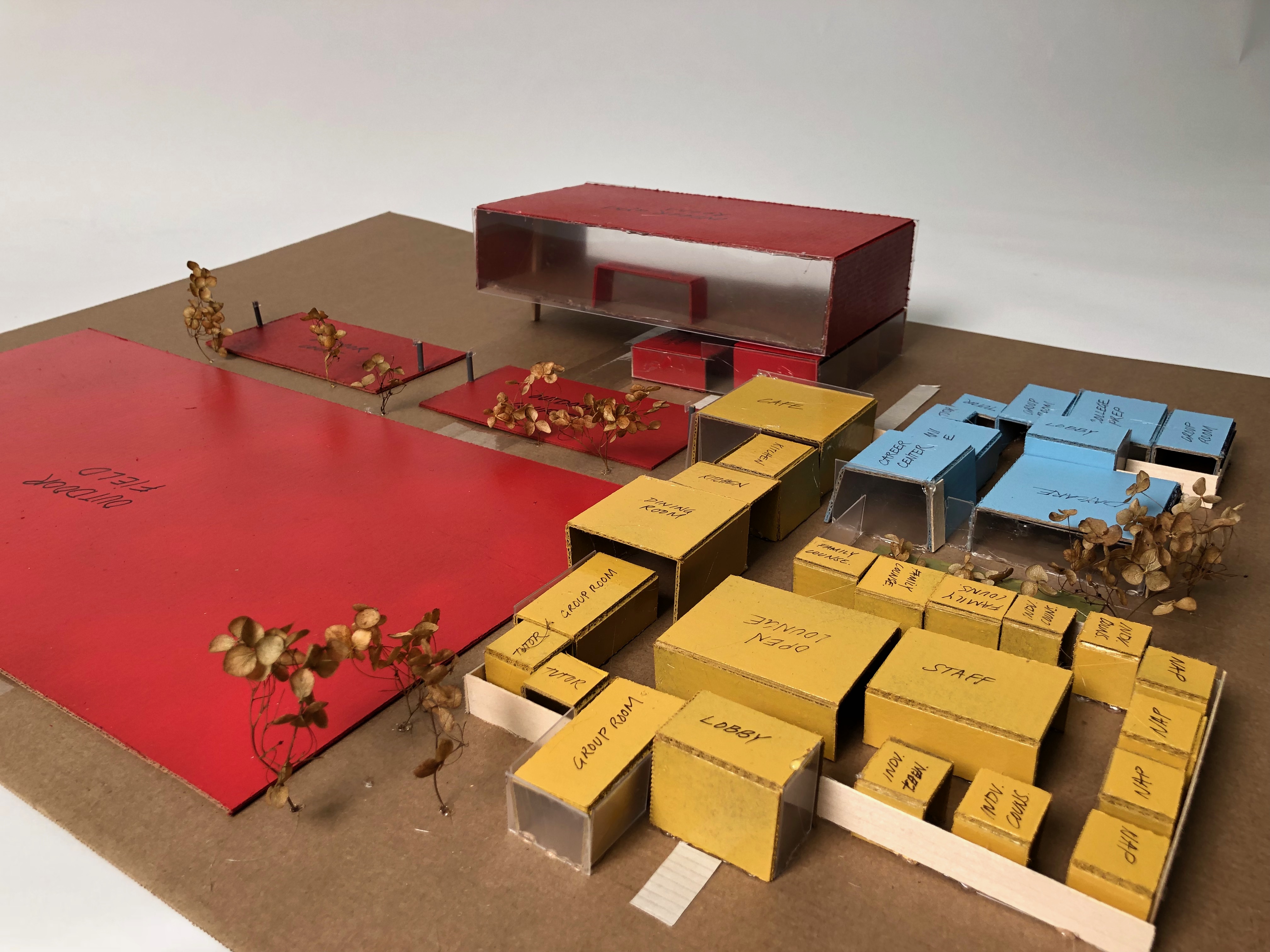 Architectural model from a class in 2019 with blue red and green boxes 