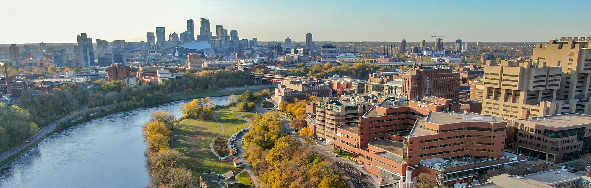 An aerial view of East Bank Campus and downtown Minneapolis.