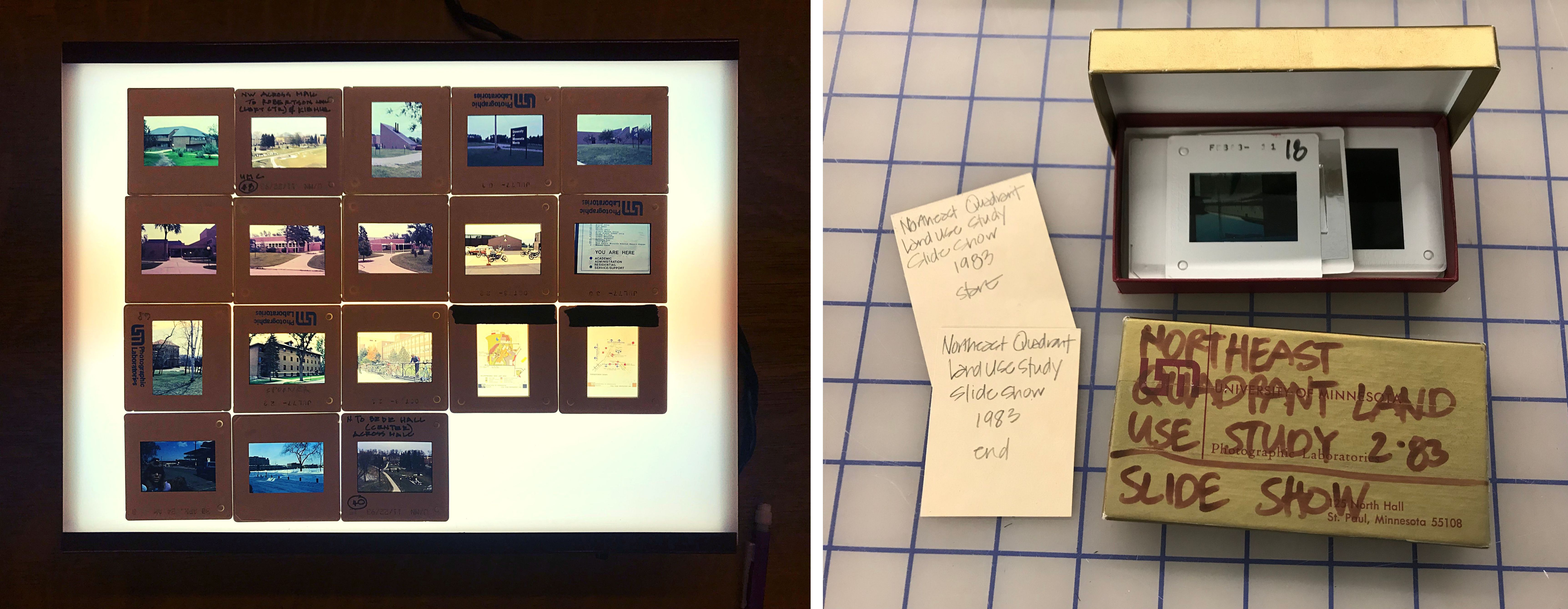 A box of slides and hand-written notes next to slides on a light box, all from the Clint Hewitt archive