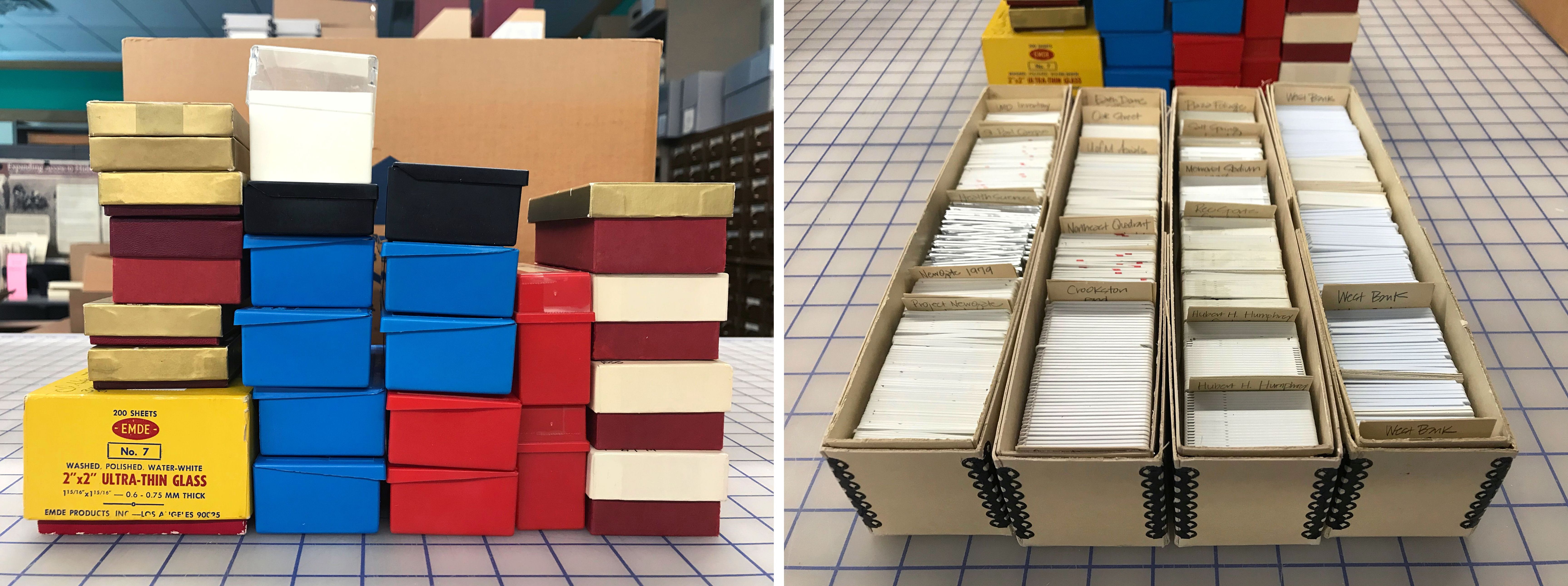 Stacks of colorful boxes filled with documents and slides from the Clint Hewitt archive