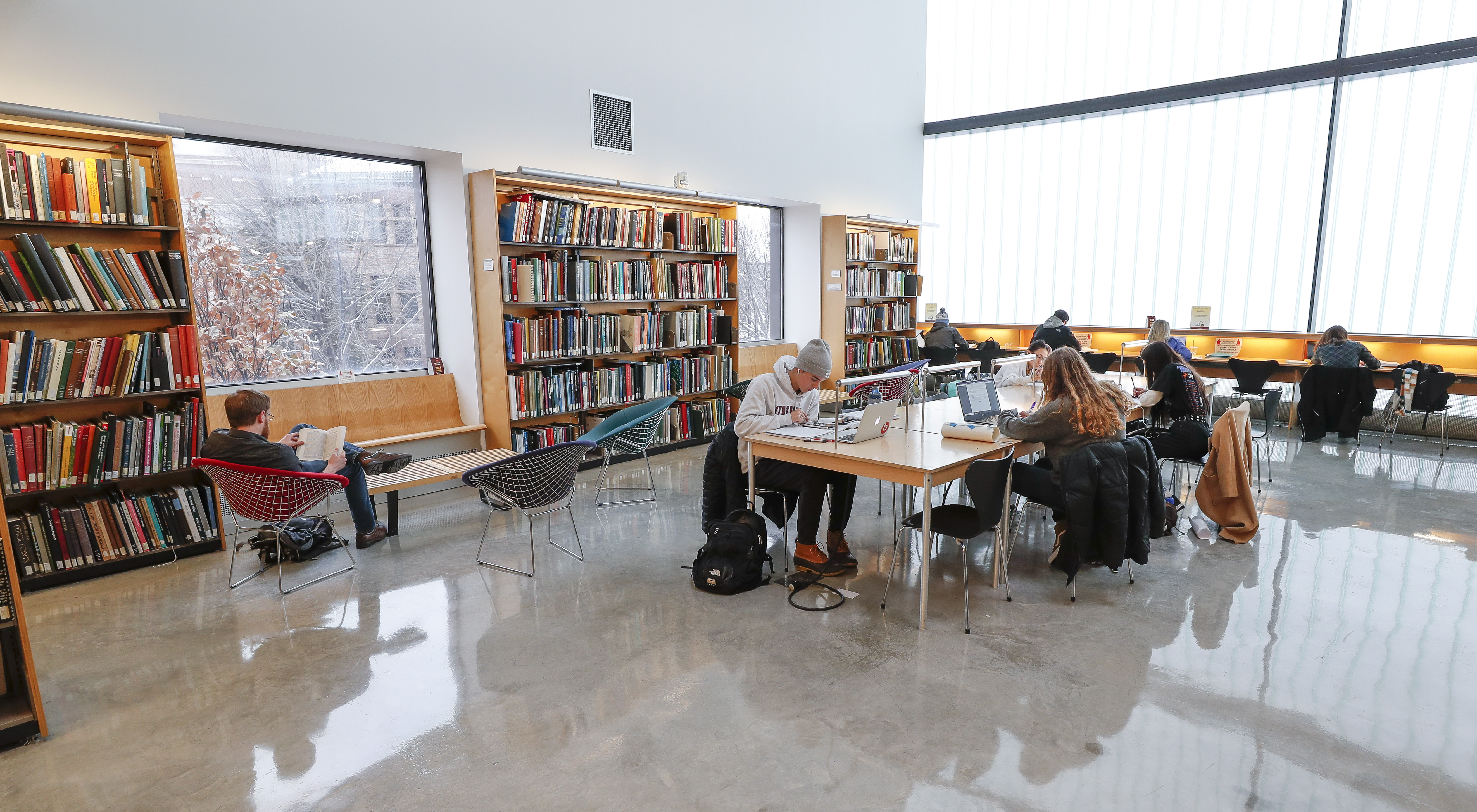 Students studying in Rapson Hall Architecture and Landscape Architecture Library.