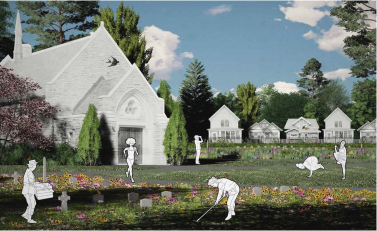 A rendering of people gardening