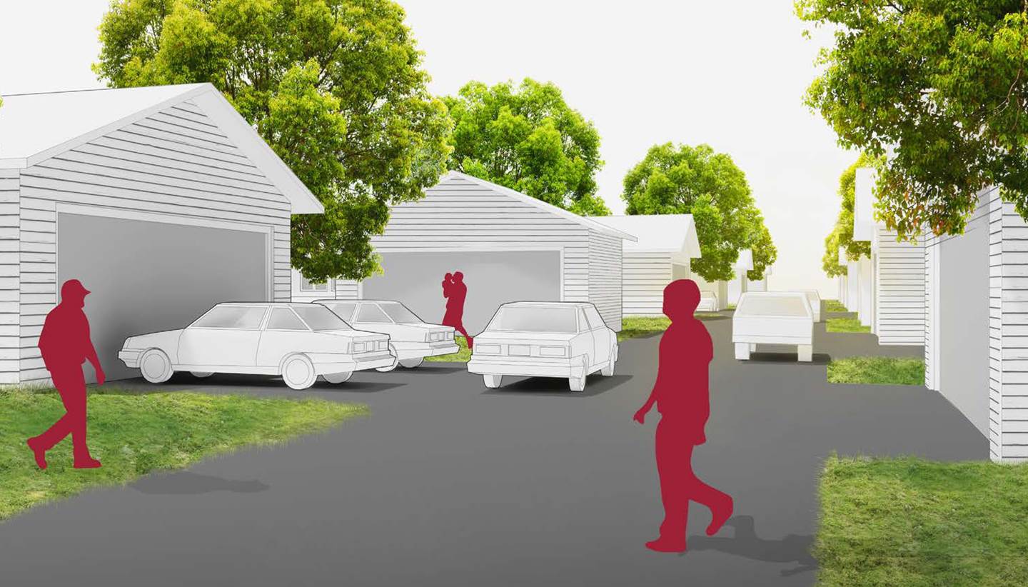 An illustration of three people walking on paved roads behind garages.