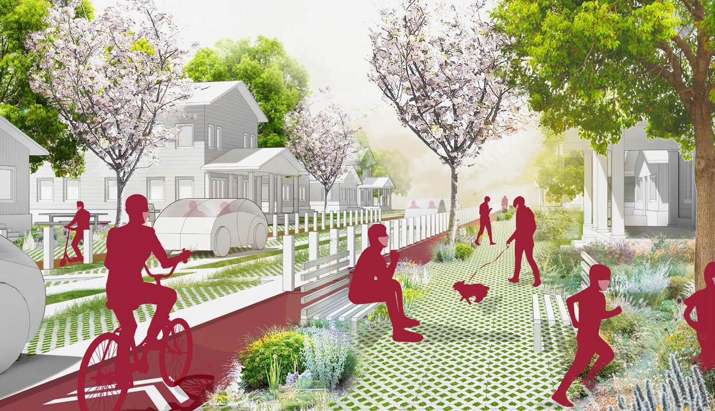 An illustration of people biking, walking, and sitting in a neighborhood with lots of trees and grass.