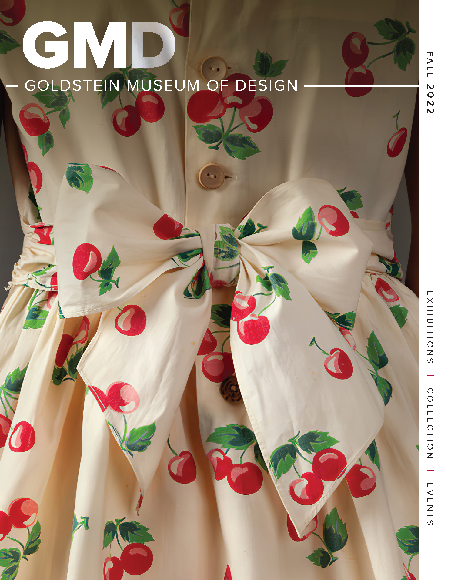 Cover of GMD Fall 2022 Magazine shows photo of back of cream colored dress with a cherry print.