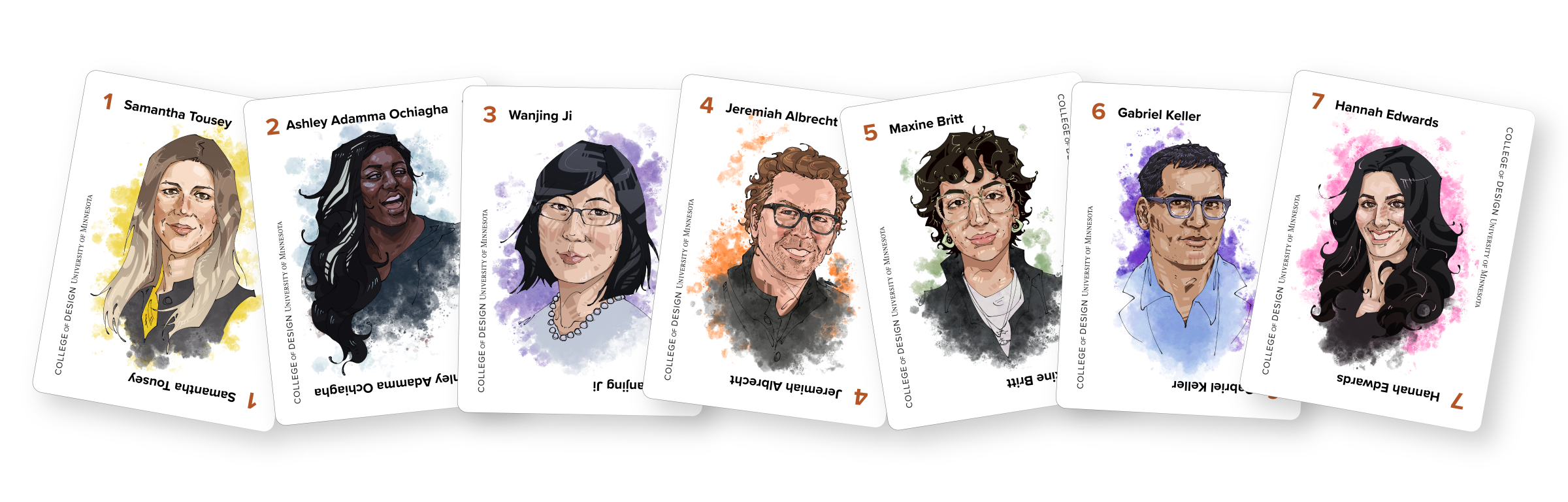 Seven playing cards with illustrations of the 2023 Design in 7 speakers