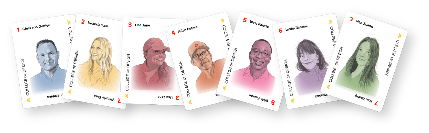 Illustrations of Design in 7 speakers on trading cards arranged in a line.