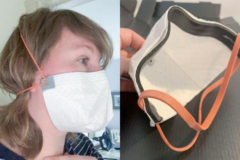 Woman wearing a face mask and showing the inside of the facemask
