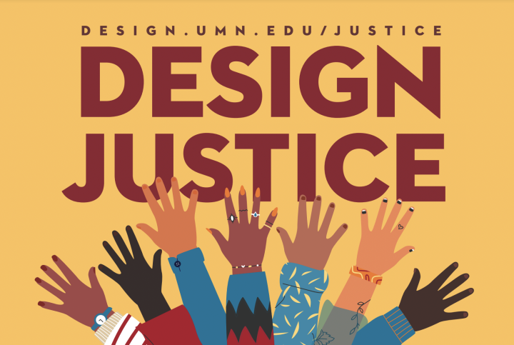 An illustration of hands raised in the air with the text "Design Justice" above.