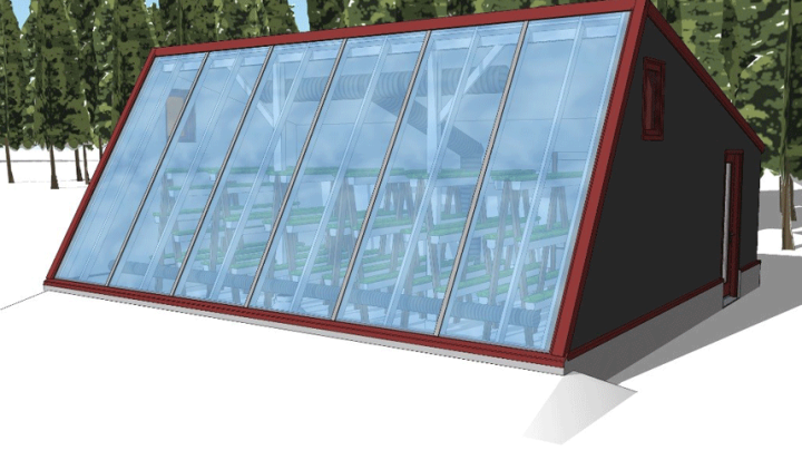 A digital rendering of a greenhouse designed for Minnesota winters.