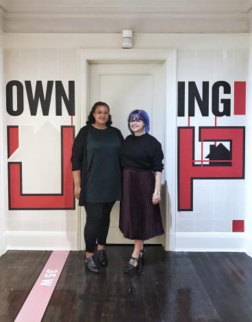 Denise Pike and Kacie Lucchini Butcher at the opening of Owning Up: Racism in Minneapolis Housing