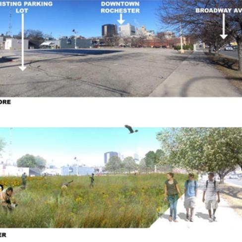 Before and after comparison showing plans for the bioremediation of downtown Rochester, MN