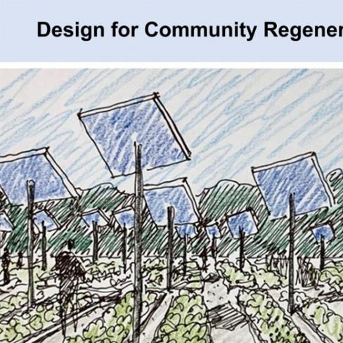 A colored pencil sketch of solar panels in a field below the D4CR logo and title.