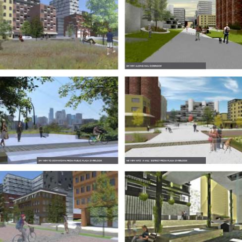 Six panels of graphic mockups for the St. Anthony Main area in Minneapolis, MN