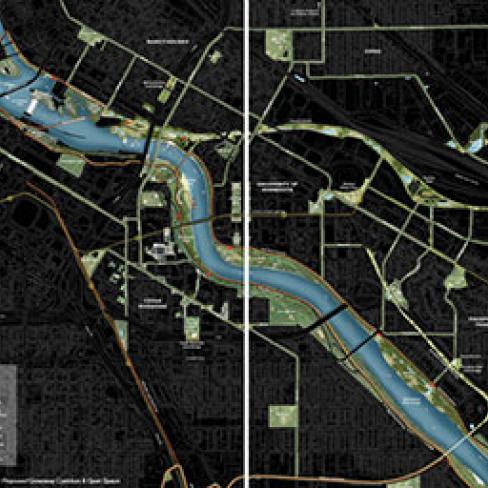 Bird's eye graphic map of the University of Minnesota East and West Banks