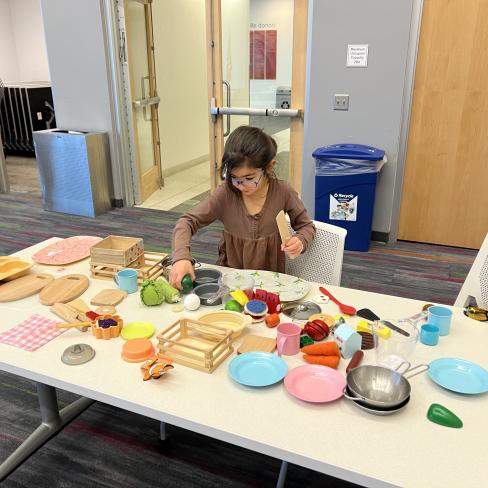 A person interactibe with plastic foods and dishwear